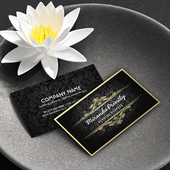 Chic Black Gold Foil Flora Damask Hochzeitsplaner Visitenkarte (Von Creator hochgeladen)
