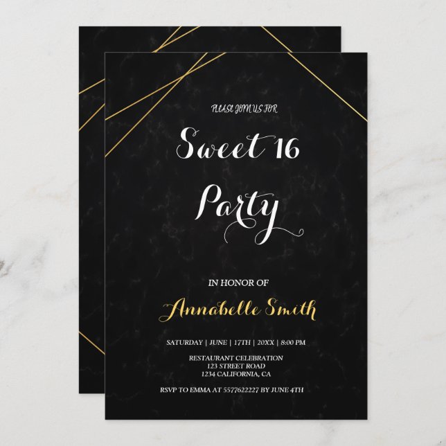 Chic Black & Gold Geometric Rahmen süß 16 Einladung (Vorne/Hinten)