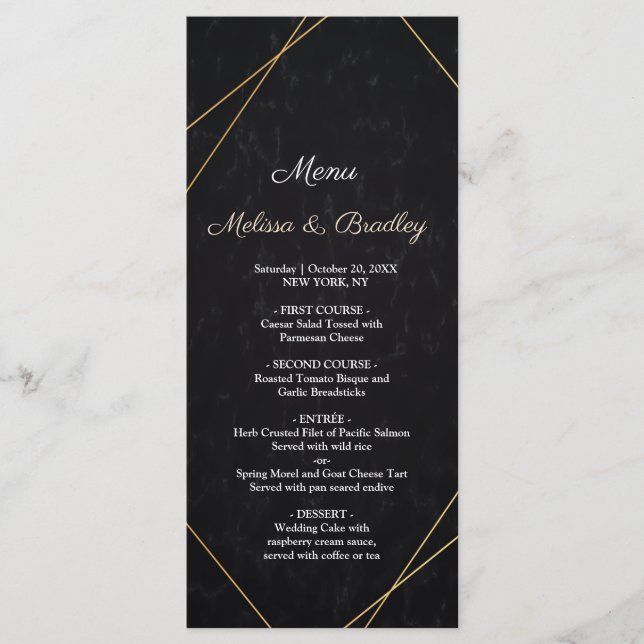 Chic Black & Gold Geometric Rahmen Wedding Menu Programm (Vorderseite)