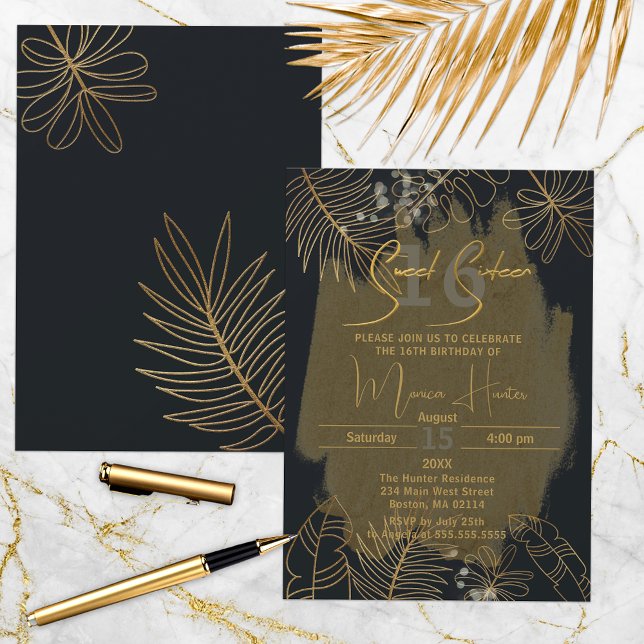 Chic Black Gold Glittery Tropical Foliage Sweet 16 Einladung (Von Creator hochgeladen)