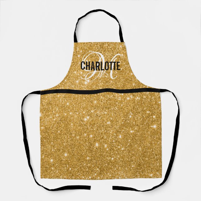 Chic Black Gold Glitzer Monogram Name Schürze (Vorderseite)