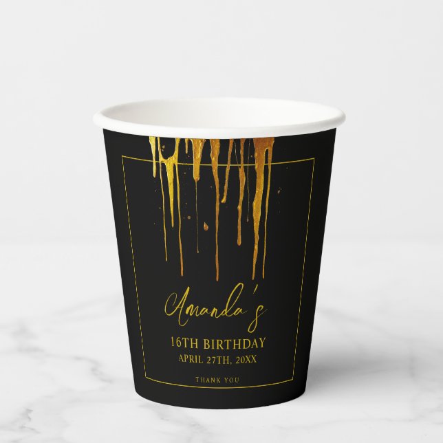 Chic Black & Gold Glitzer Tropfen Sweet 16 Birthda Pappbecher (Vorderseite)