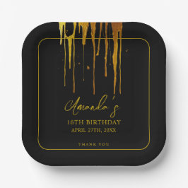 Chic Black & Gold Glitzer Tropfen Sweet 16 Birthda Pappteller
