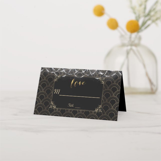 Chic Black Gold Great Gatsby Art Deco 20er Hochzei Platzkarte (Vorderseite)