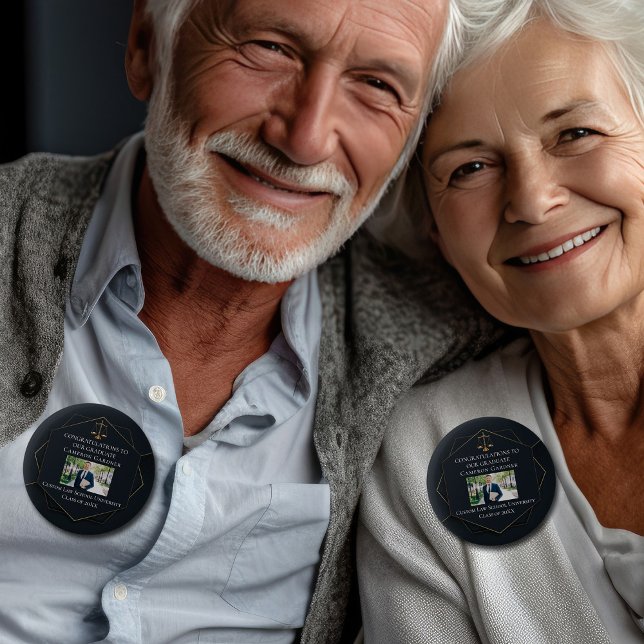 Chic Black Gold Law School Foto Graduation Party Button (Von Creator hochgeladen)