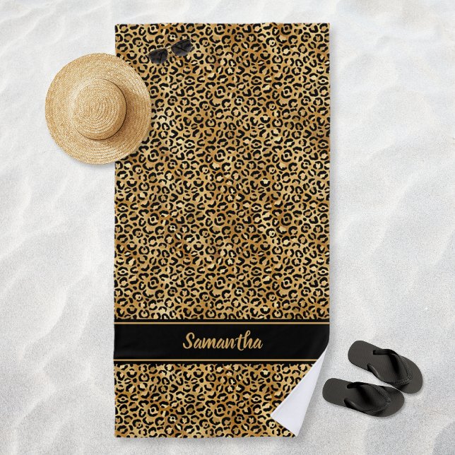Chic Black Gold Leopard Print Personalisiert Strandtuch (Chic Black Gold Leopard Print Personalized Beach Towel)