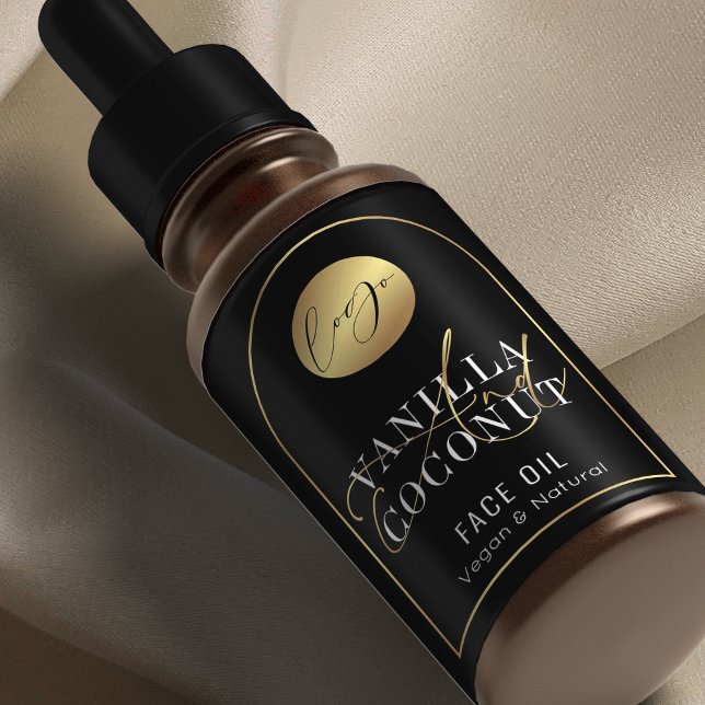 Chic Black & Gold Logo 2 OZ Dropper Flaschenetiket (Modern black and gold cosmetic bottles wrap around labels with logo and product ingredients)