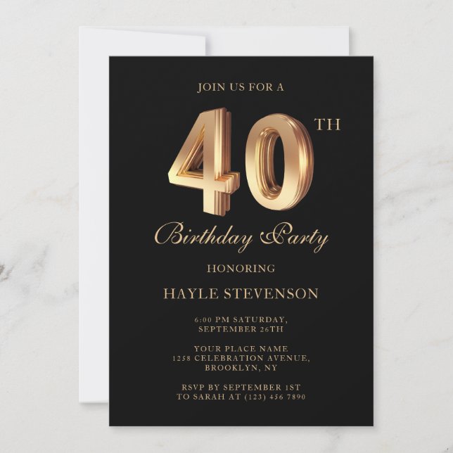 Chic Black & Gold Luxury Stilvoll 40. Geburtstag Einladung (Vorderseite)