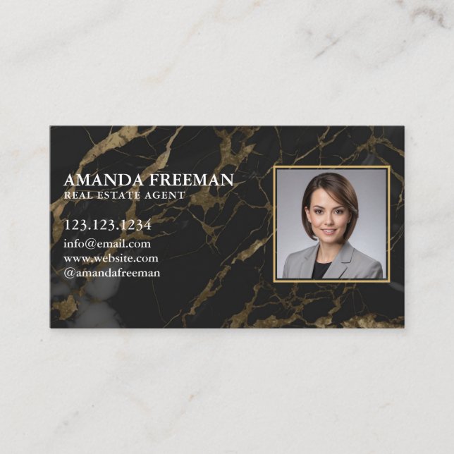 Chic Black & Gold Marble Foto Real Anwesen Agent Visitenkarte (Vorderseite)