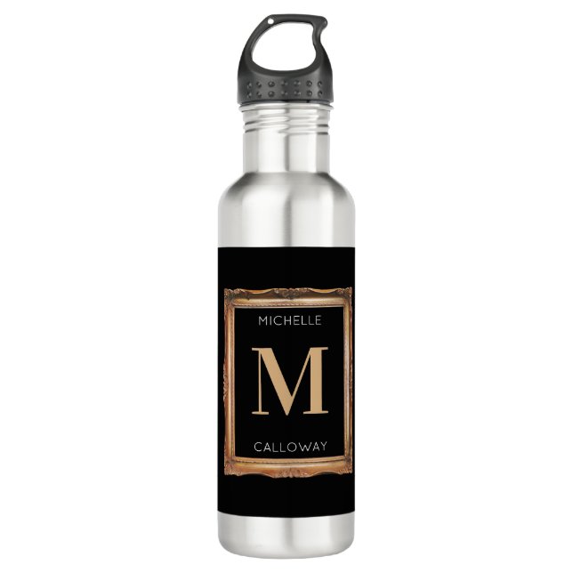 Chic Black & Gold Monogram Edelstahlflasche (Vorderseite)