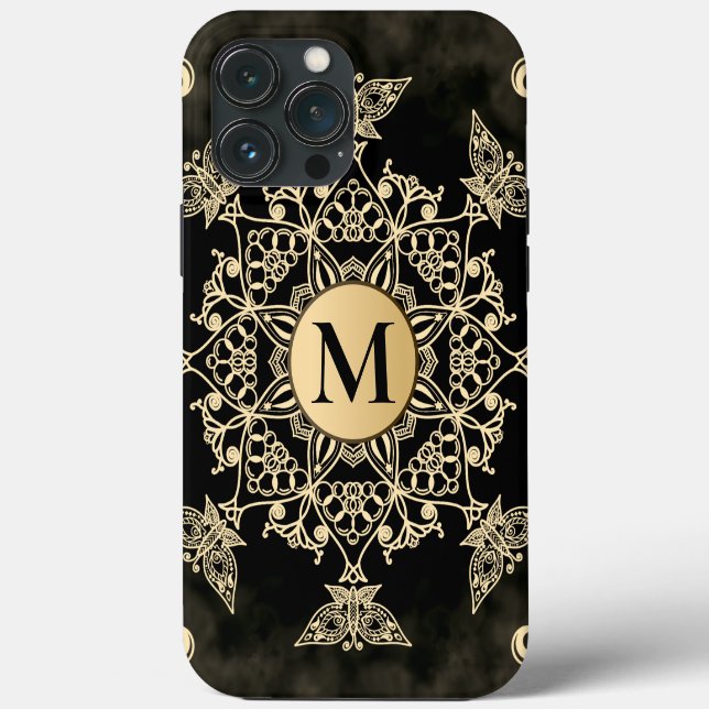 Chic Black Gold Monogram Mandala Girl Case-Mate iPhone Hülle (Rückseite)