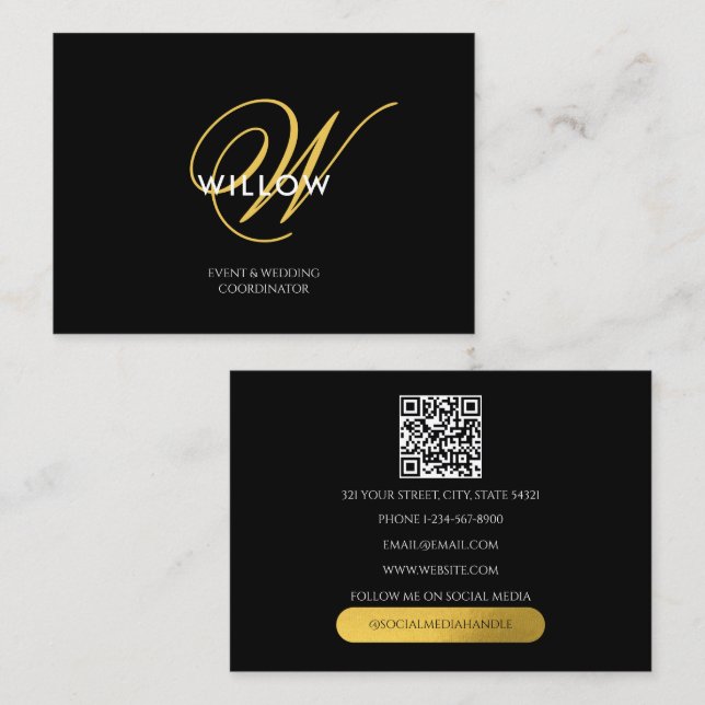 Chic Black & Gold Monogram QR Code Visitenkarte (Vorne/Hinten)