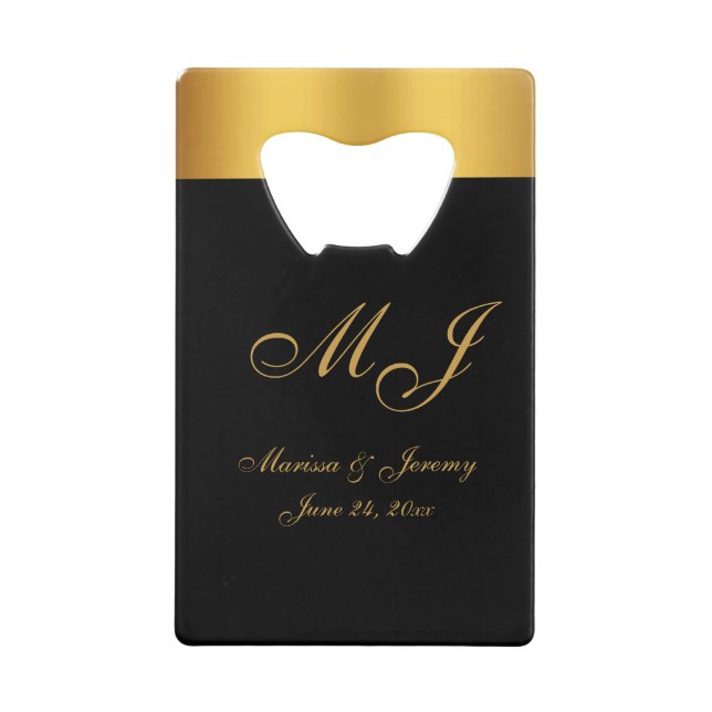 Chic Black Gold Monogram Script Wedding Geldbeutel Flaschenöffner (Vorderseite)