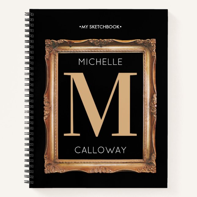 Chic Black & Gold Monogram Sketchbook Notizbuch (Vorderseite)