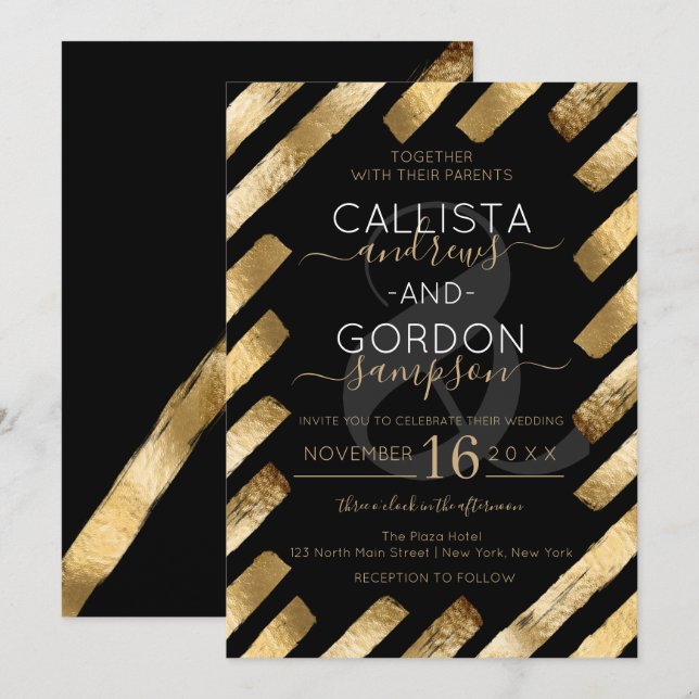 Chic Black Gold Pinselstrich Stripe Border Wedding Einladung (Vorne/Hinten)