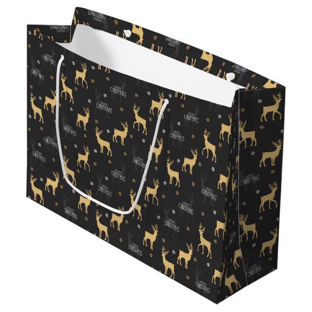 Chic Black Gold Rentier Frohe Weihnachten Große Geschenktüte (Vorderseite Schrägansicht)