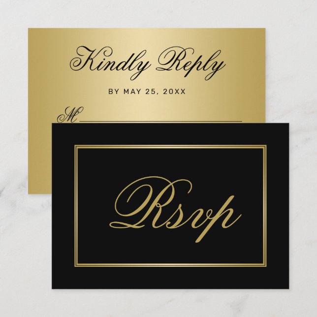 Chic Black Gold Script Calligrafy Wedding RSVP Karte (Vorne/Hinten)
