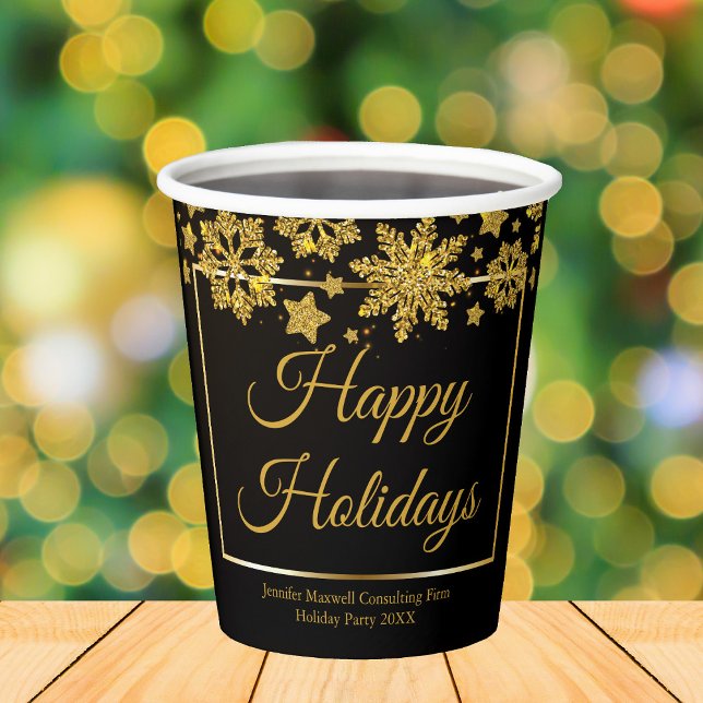 Chic Black Gold Snowflake Custom Christmas Party Pappbecher (Von Creator hochgeladen)