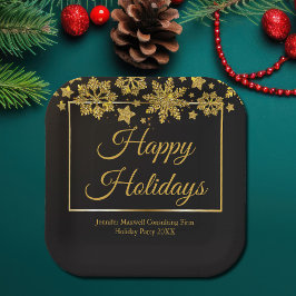Chic Black Gold Snowflake Custom Christmas Party Pappteller
