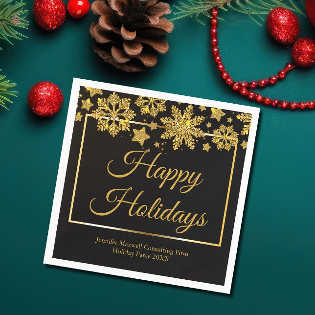 Chic Black Gold Snowflake Custom Christmas Party Serviette (Von Creator hochgeladen)