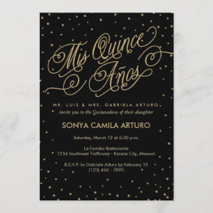 Chic Black & Gold Stars Quinceañera 15. Geburtstag Einladung