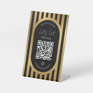 Chic Black & Gold Stripes Social Media QR Code Sockelschild