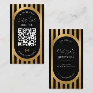 Chic Black & Gold Stripes Social Media QR Code Visitenkarte