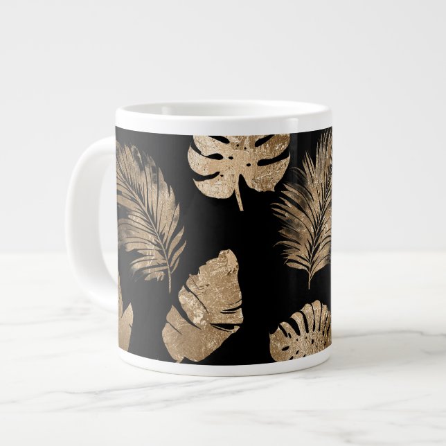 Chic Black Gold Tropical Blätter Jumbo-Tasse (Vorderseite Links)