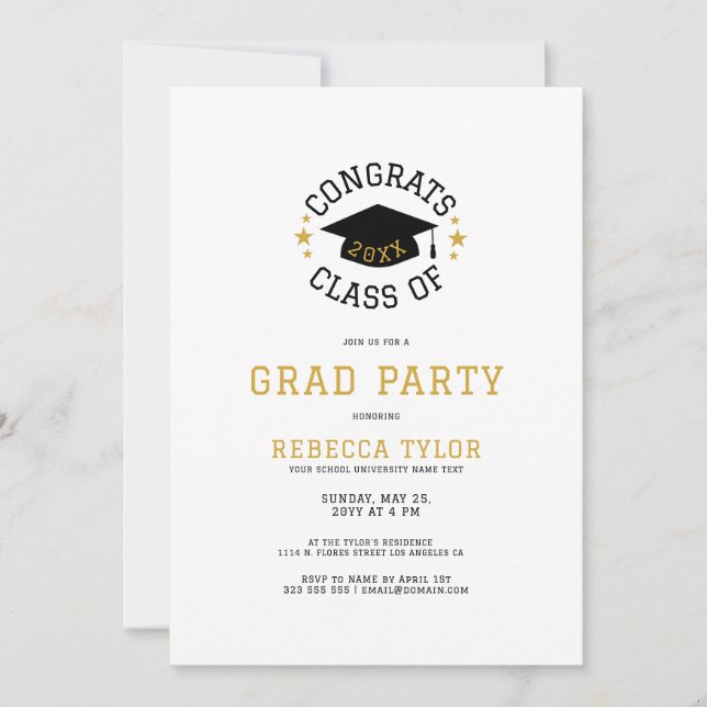 Chic Black & Gold Typografie Grad Hat Party einlad Einladung (Vorderseite)