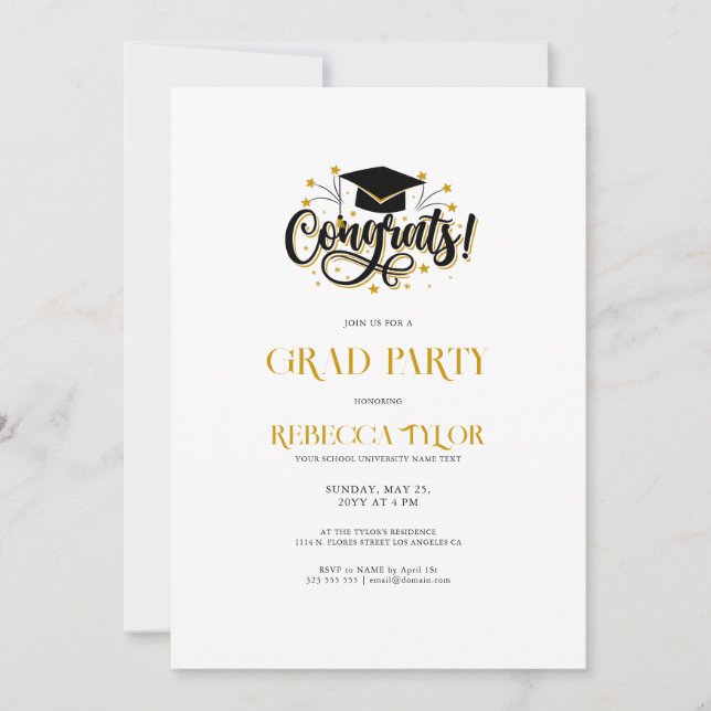 Chic Black & Gold Typografie Grad Hat Party einlad Einladung (Vorderseite)