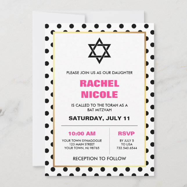 Chic Black Gold und Pink Polka Dots Bat Mitzvah Einladung (Vorderseite)
