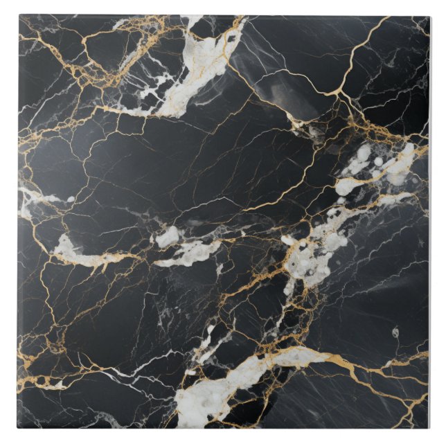 Chic Black & Gold Vein Marbella Tile Fliese (Vorderseite)