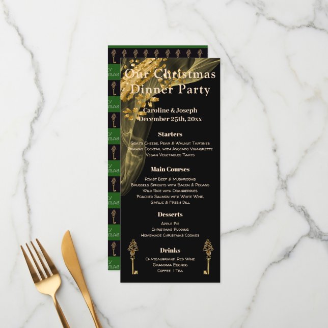 Chic Black & Gold Weihnachtsmenü mit Weihnachtsbau Menükarte (Vorderseite/Rückseite Beispiel)