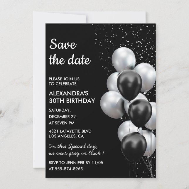 Chic Black Gray Balloon 30. Save the Date Einladung (Vorderseite)