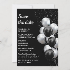 Chic Black Gray Balloon 30. Save the Date Einladung
