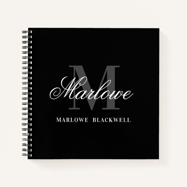 Chic Black Gray Monogram Calligraphy Notizbuch (Vorderseite)