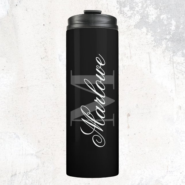 Chic Black Gray Monogram Calligraphy Thermosbecher (Von Creator hochgeladen)