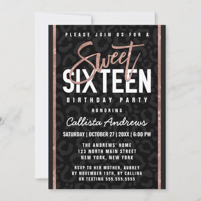 Chic Black Gray Rose Gold Glitzer Cheetah Sweet 16 Einladung (Vorderseite)