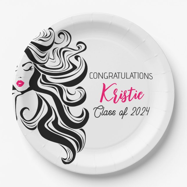 Chic Black Hair Stylist Graduation Party Retro Pappteller (Vorderseite)