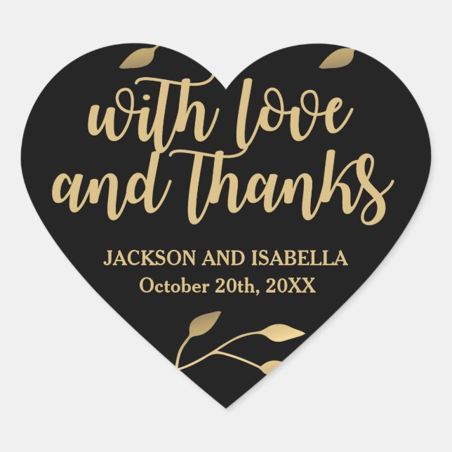 Chic Black Heart Wedding Sticker mit Gold Text (Vorderseite)