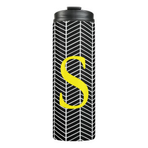 Chic Black Herringbone Zickzack Zig Zag Monogram Thermosbecher
