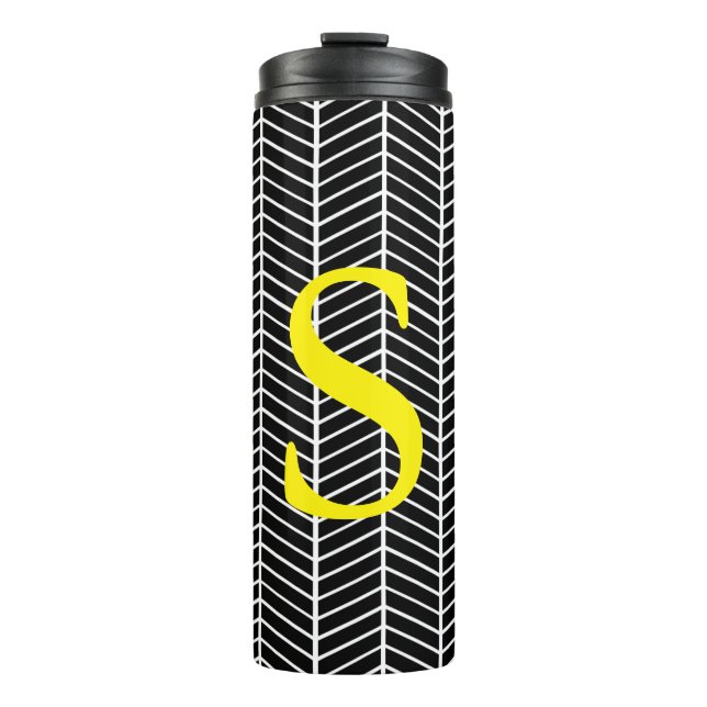 Chic Black Herringbone Zickzack Zig Zag Monogram Thermosbecher (Vorderseite)
