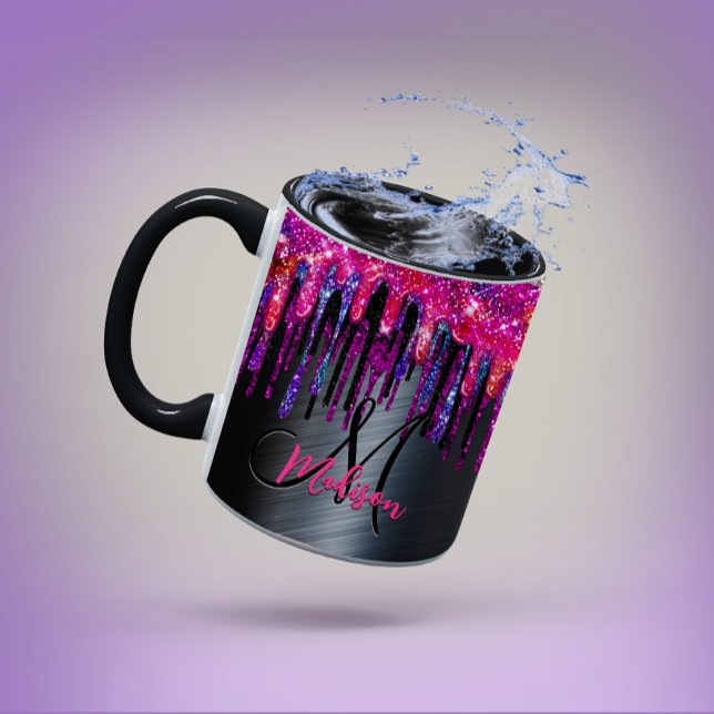 Chic Black Hot Pink Blue Tropfens Monogram Tasse (Von Creator hochgeladen)