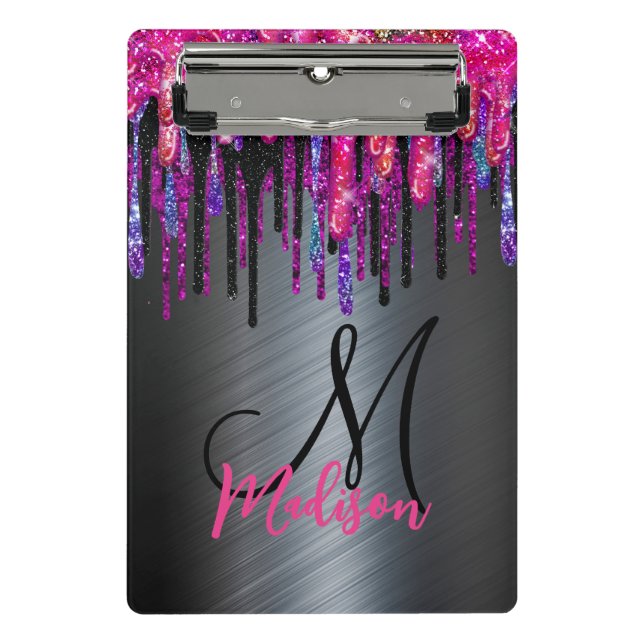 Chic Black Hot Pink Blue Tropfens Monogram Zwische Mini Klemmbrett (Vorderseite)