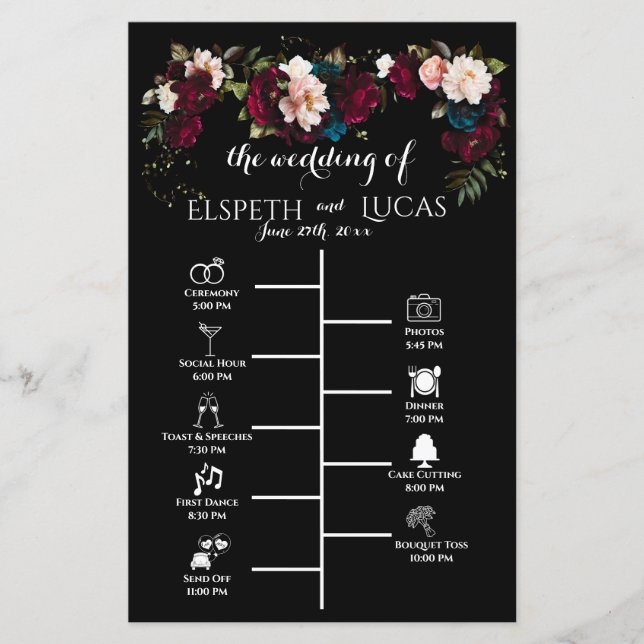 Chic Black, Jewel Toned Wedding Timeline Programm (Vorderseite)