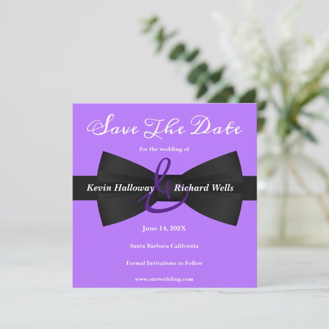 Chic Black Krawatte Gay Wedding Save the Date (Stehend Vorderseite)