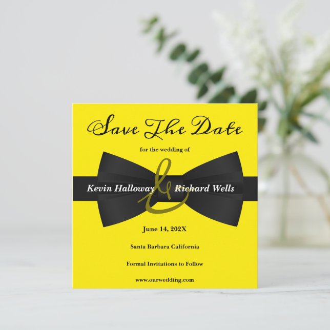 Chic Black Krawatte Gay Wedding Save the Date (Stehend Vorderseite)