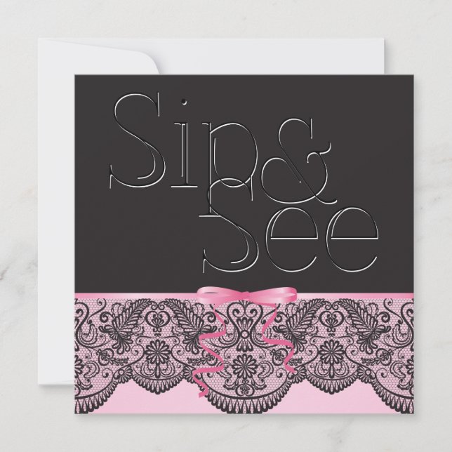 Chic Black Lace and Pink Sip and See 2 Einladung (Vorderseite)