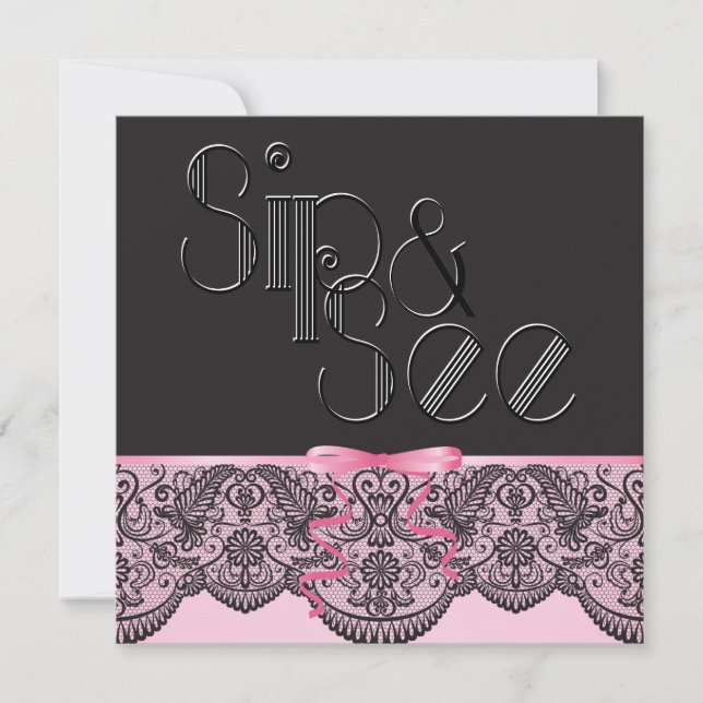 Chic Black Lace and Pink Sip and See Einladung (Vorderseite)