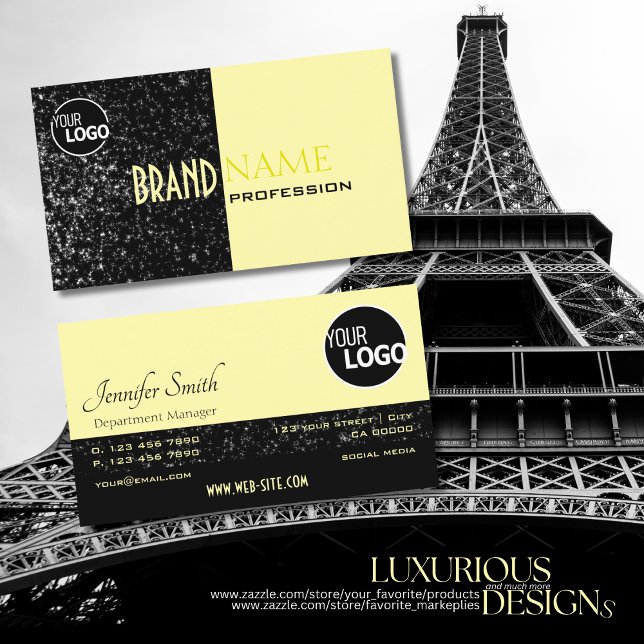 Chic Black Light Yellow Glitter Stars and Logo Visitenkarte (Von Creator hochgeladen)